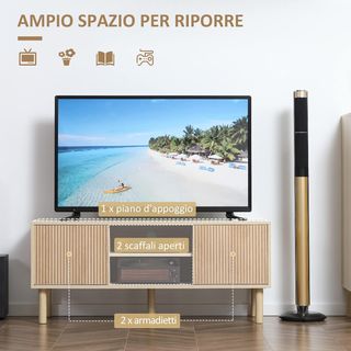 Móvil Porta TV Hasta 50" Con Compartimentos Abiertos Y Armarios Con Puerta Corredera, Mesa Baja De Salón Con 2 Orificios Para Cables, 115X40X49Cm