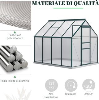 Invernadero de Jardín de Policarbonato 190X253X199Cm, Con Ventana Abatible y Puerta Corredera, Estructura de Aluminio, Verde