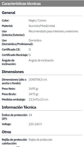 CALEFACTOR EXTERIOR ORIENTABLE POTENCIA MAX. 2500W