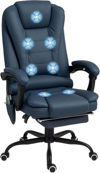Silla Ergonómica De Oficina Con 7 Puntos Masajeadores Y Reposapiés, Silla De Escritorio Reclinable En Cuero PU Con Brazos Acolchados, Altura Regulable Y Ruedas Giratorias, Para Estudio, Azul