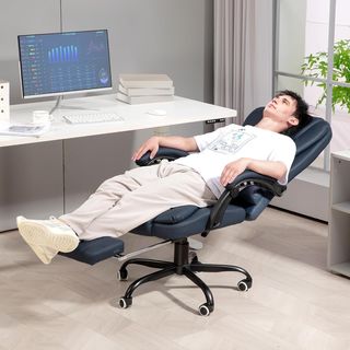 Silla Ergonómica De Oficina Con 7 Puntos Masajeadores Y Reposapiés, Silla De Escritorio Reclinable En Cuero PU Con Brazos Acolchados, Altura Regulable Y Ruedas Giratorias, Para Estudio, Azul