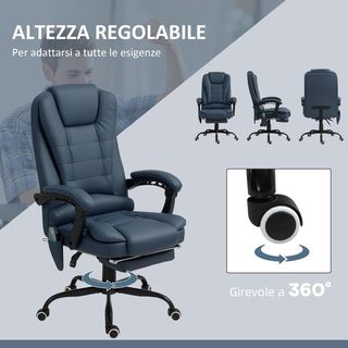 Silla Ergonómica De Oficina Con 7 Puntos Masajeadores Y Reposapiés, Silla De Escritorio Reclinable En Cuero PU Con Brazos Acolchados, Altura Regulable Y Ruedas Giratorias, Para Estudio, Azul