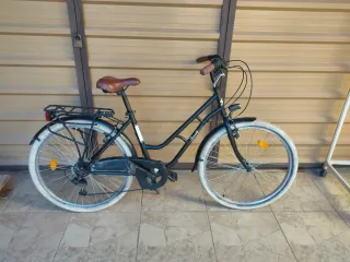 Bicicleta urbana negra con portaequipajes luz