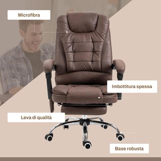 Silla de Oficina Masajeadora y Reclinable con 6 Puntos Vibrantes y Calefacción, Silla de Escritorio Ajustable en Altura, Marrón