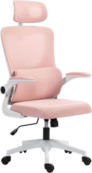 Silla De Oficina Ergonómica Con Soporte Lumbar, Reposabrazos Plegables, Reposacabezas Regulable, Silla De Escritorio Giratoria Inclinable Con Respaldo Alto, Altura Regulable En Malla, Rosa
