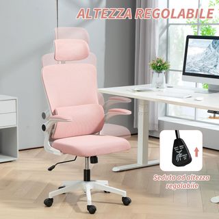 Silla De Oficina Ergonómica Con Soporte Lumbar, Reposabrazos Plegables, Reposacabezas Regulable, Silla De Escritorio Giratoria Inclinable Con Respaldo Alto, Altura Regulable En Malla, Rosa