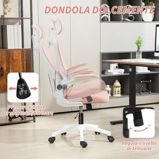 Silla De Oficina Ergonómica Con Soporte Lumbar, Reposabrazos Plegables, Reposacabezas Regulable, Silla De Escritorio Giratoria Inclinable Con Respaldo Alto, Altura Regulable En Malla, Rosa