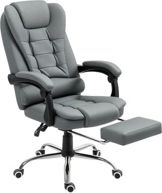 Silla de Oficina Ergonómica Presidencial en Piel PU, Silla de Oficina Giratoria con Respaldo Alto Reclinable 145°, Altura Regulable y Reposapiés Extraíble, Gris