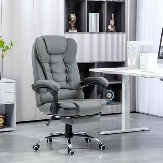 Silla de Oficina Ergonómica Presidencial en Piel PU, Silla de Oficina Giratoria con Respaldo Alto Reclinable 145°, Altura Regulable y Reposapiés Extraíble, Gris