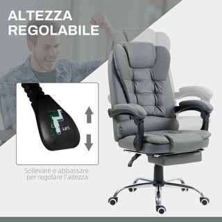 Silla de Oficina Ergonómica Presidencial en Piel PU, Silla de Oficina Giratoria con Respaldo Alto Reclinable 145°, Altura Regulable y Reposapiés Extraíble, Gris