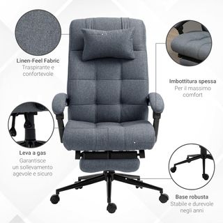 Silla De Oficina Ergonómica Reclinable, Silla Directiva Con Respaldo Alto, Sillón De Oficina Con Reposacabezas Y Reposapiés Extraíble, 66X76X112-120Cm, Gris
