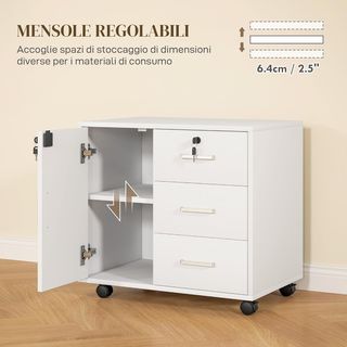 Archivador de Oficina Con 3 Cajones Y Armario Con 3 Estantes Regulables, Cajonera Portadocumentos en Aglomerado, 60X40X56 Cm, Blanco