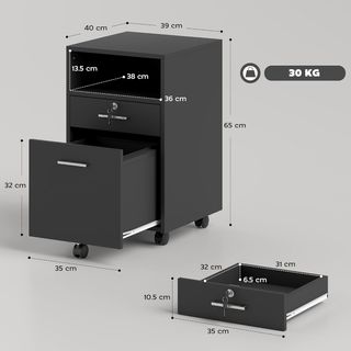 Archivador De Oficina Con 2 Cajones, 5 Ruedas Y Estante Abierto, Cajonera De Oficina Con Cerradura Y 2 Llaves para Carta/Formato A4, Armario Vertical Para Estudio, 39X40X65 Cm, Negro