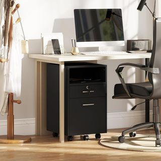 Archivador De Oficina Con 2 Cajones, 5 Ruedas Y Estante Abierto, Cajonera De Oficina Con Cerradura Y 2 Llaves para Carta/Formato A4, Armario Vertical Para Estudio, 39X40X65 Cm, Negro