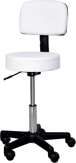 Taburete Giratorio Con Respaldo, Altura Regulable Y 5 Ruedas en Piel PU Blanca para Casa O Tienda