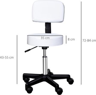 Taburete Giratorio Con Respaldo, Altura Regulable Y 5 Ruedas en Piel PU Blanca para Casa O Tienda