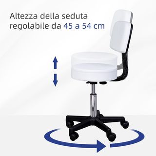 Taburete Giratorio Con Respaldo, Altura Regulable Y 5 Ruedas en Piel PU Blanca para Casa O Tienda