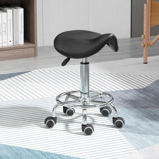 Taburete Con 5 Ruedas, Taburete Regulable en Altura, Asiento Ergonómico Acolchado en Espuma, Diseño Moderno, Versátil, 36.5X37.5X51-66 Cm, Negro