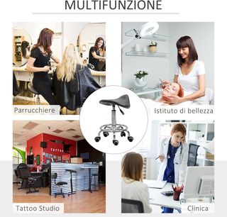 Taburete Con 5 Ruedas, Taburete Regulable en Altura, Asiento Ergonómico Acolchado en Espuma, Diseño Moderno, Versátil, 36.5X37.5X51-66 Cm, Negro