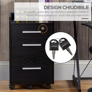 Archivador de Oficina Con 3 Cajones, 5 Ruedas, Cajonera de Oficina Con Cerradura Y 2 Llaves para Carta/Legal/Formato A4, Armario Vertical para Estudio, 39.2X40X65.4 Cm, Negro