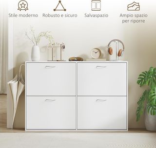 Zapatero de Entrada Slim Ahorra Espacio con 4 Puertas Abatibles, Mueble Zapatero Moderno para 24 Pares de Zapatos con Estantes Regulables, Portazapatos de Madera, 120X24X81Cm, Blanco