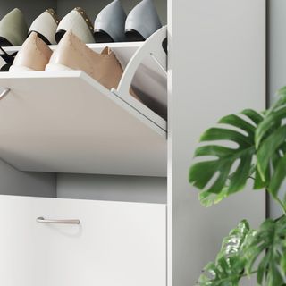 Zapatero de Entrada Slim Ahorra Espacio con 4 Puertas Abatibles, Mueble Zapatero Moderno para 24 Pares de Zapatos con Estantes Regulables, Portazapatos de Madera, 120X24X81Cm, Blanco