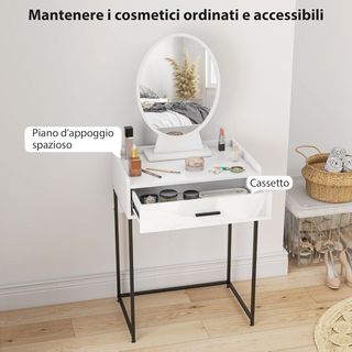 Estación de Maquillaje con Espejo Inclinable, Taburete Acolchado y Cajón, Tocador de Maquillaje en MDF y Taburete con Cojín para Dormitorio, Blanco