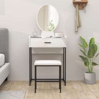 Estación de Maquillaje con Espejo Inclinable, Taburete Acolchado y Cajón, Tocador de Maquillaje en MDF y Taburete con Cojín para Dormitorio, Blanco