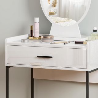 Estación de Maquillaje con Espejo Inclinable, Taburete Acolchado y Cajón, Tocador de Maquillaje en MDF y Taburete con Cojín para Dormitorio, Blanco