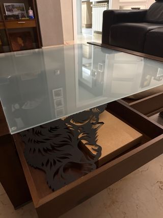 Mesa de centro madera pino con cajones y cristal