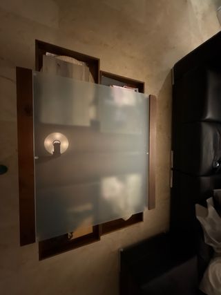 Mesa de centro madera pino con cajones y cristal