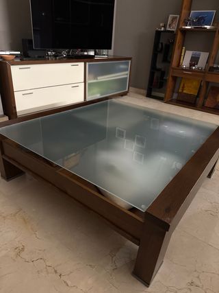 Mesa de centro madera pino con cajones y cristal