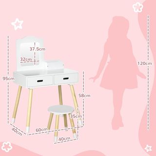 Conjunto de Tocador para Niños de Madera, Mesa de Maquillaje con Espejo y 2 Cajones y Taburete en Estilo Escandinavo, Blanco y Color Madera