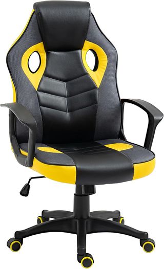 Silla Gaming Ergonómica, Silla de Oficina Giratoria con Ruedas en Similpiel Negra y Amarilla, Altura Ajustable