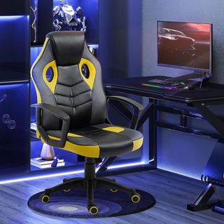 Silla Gaming Ergonómica, Silla de Oficina Giratoria con Ruedas en Similpiel Negra y Amarilla, Altura Ajustable