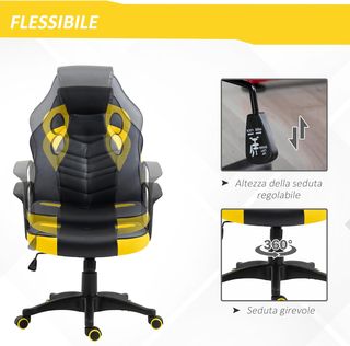 Silla Gaming Ergonómica, Silla de Oficina Giratoria con Ruedas en Similpiel Negra y Amarilla, Altura Ajustable