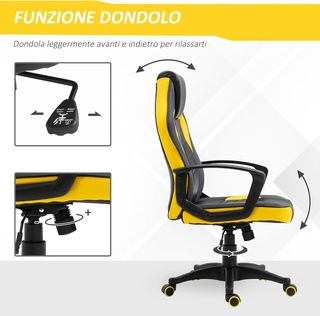 Silla Gaming Ergonómica, Silla de Oficina Giratoria con Ruedas en Similpiel Negra y Amarilla, Altura Ajustable