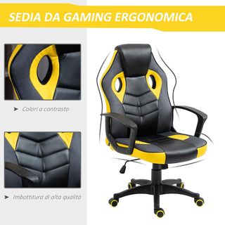 Silla Gaming Ergonómica, Silla de Oficina Giratoria con Ruedas en Similpiel Negra y Amarilla, Altura Ajustable