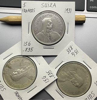 5 Francos Suizos 1931, 1966, 1967. Herdsman pastor
