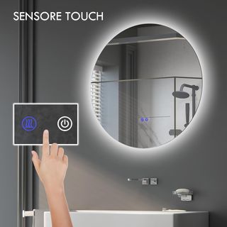 Espejo de Baño Con Luz LED Redondo 60Cm, 3 Colores, 3000-6500K, Espejo De Pared Retroiluminado Con Interruptores Táctiles, Brillo Regulable, Función Memoria Y Antiempañamiento, IP44