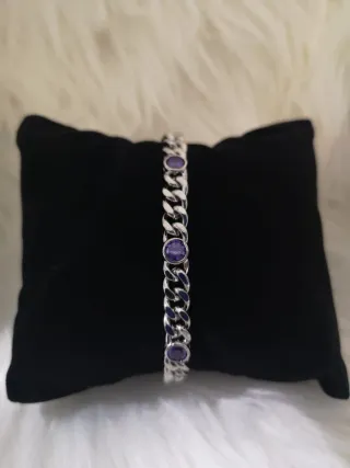 Pulsera Oro Blanco Laminado 14k con Piedras Morada