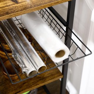 Mueble De Cocina Con 3 Estantes De Aglomerado Con Toma De Corriente, Puerto USB Y Cesto Extraíble De Metal, 90X40X83Cm, Marrón Rústico