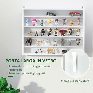 Vitrina Expositora De Pared con 4 Estantes Regulables, Vitrina para Coleccionismo, Exhibidor de Pared para Objetos de Colección, en Vidrio y Aglomerado, 80X9.5X60 Cm, Blanco