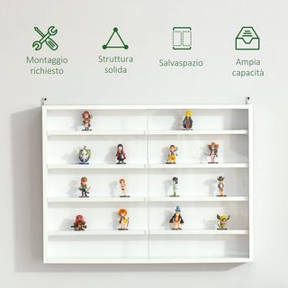 Vitrina Expositora De Pared con 4 Estantes Regulables, Vitrina para Coleccionismo, Exhibidor de Pared para Objetos de Colección, en Vidrio y Aglomerado, 80X9.5X60 Cm, Blanco