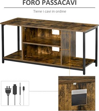 Mueble TV Moderno, Hasta 55'' Con Estantes Abiertos, Mueble De Salón Moderno, Bajo, Elegante, Estilo Industrial, Madera Y Acero, 110L X 40P X 50Acm, Marrón Rústico