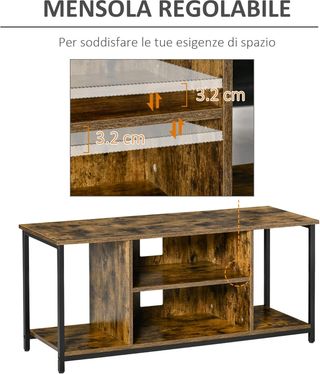 Mueble TV Moderno, Hasta 55'' Con Estantes Abiertos, Mueble De Salón Moderno, Bajo, Elegante, Estilo Industrial, Madera Y Acero, 110L X 40P X 50Acm, Marrón Rústico