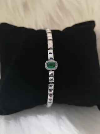 Pulsera Oro Blanco Laminado 14k con Piedra Verde