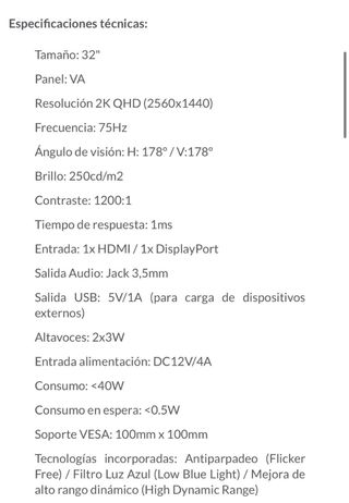 Monitor Gaming 32” 2K QHD 75Hz 1ms