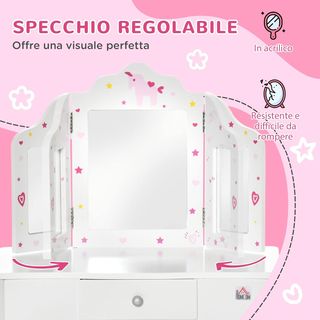 Mesa de Maquillaje para Niños con Taburete 2 en 1 Escritorio de Madera y Triple Espejo, Tocador de Maquillaje en MDF y Acrílico, 63X40X85.5 Cm, Blanco y Rosa