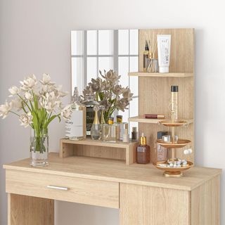 Toallero de Maquillaje con Espejo, Estación de Maquillaje con Cajón, Armario, Estantes Abiertos y Estante Regulable, Mesa de Tocador para Dormitorio, Moderna, 90X38X138 Cm, Color Madera